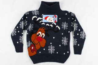 Новорічний вʹязаний дитячий светр для дівчинки з вишивкою олень, синій, Туреччина (92-110 см: 2-5 роки)