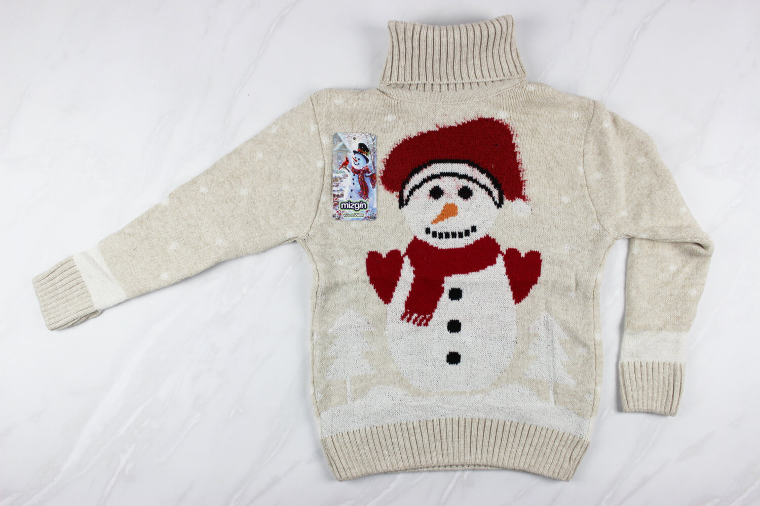 Теплый вязаный новогодний детский свитер с вышивкой снеговик, беж, Турция (6-9 лет 110-134 рост)