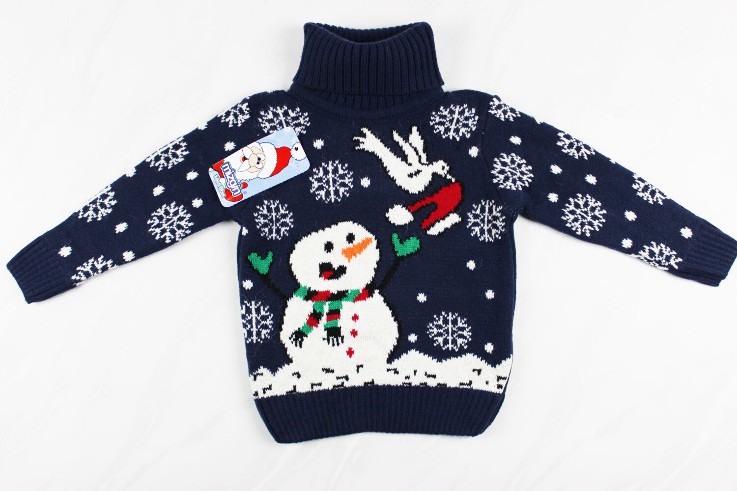 Новорічний вʹязаний дитячий светр для дівчинки вишивка сніговик, синій, Туреччина (98-110 см: 3-5 роки)