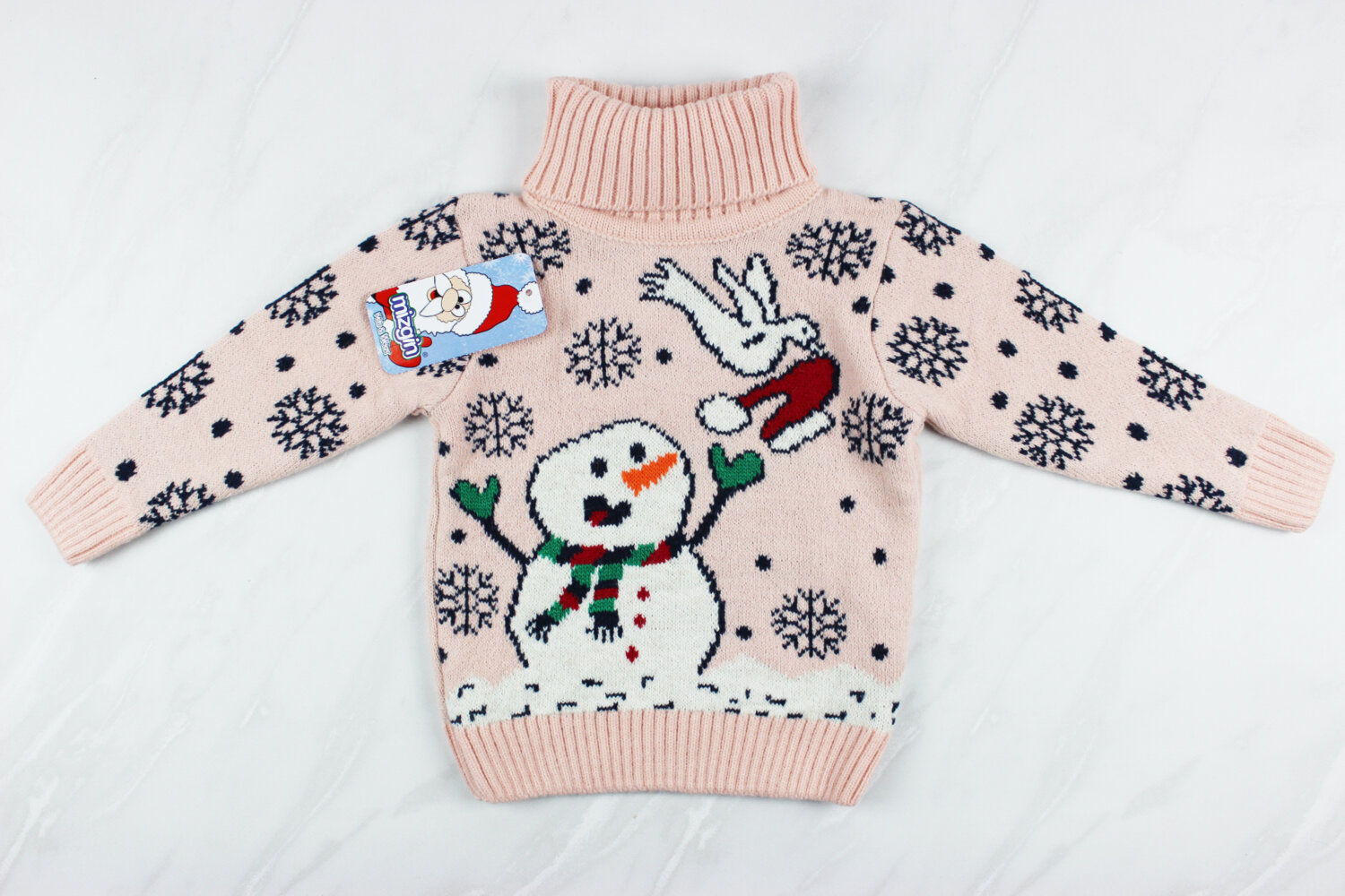 Новорічний вʹязаний дитячий светр вишивка сніговик, рожевий, Туреччина (92-110 см: 2-5 роки)