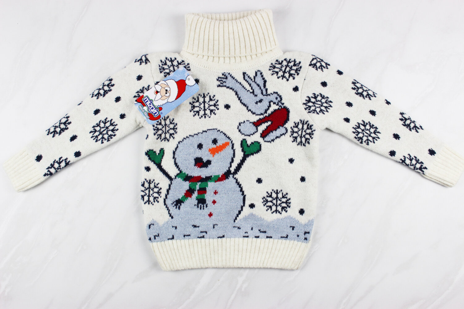 Новорічний вʹязаний дитячий светр для дівчинки вишивка сніговик, білий, Туреччина (92-110 см: 2-5 роки)