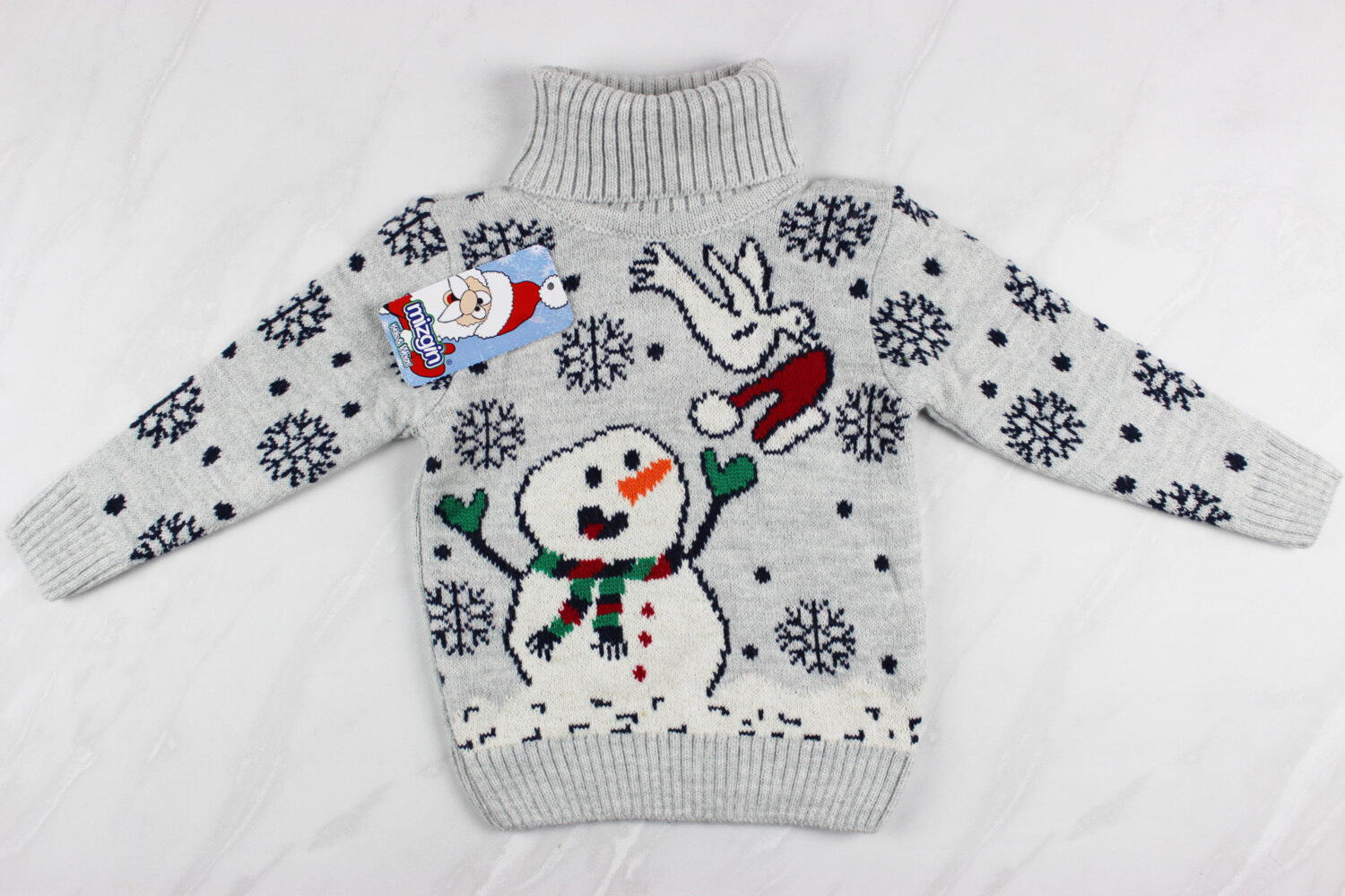Новорічний вʹязаний дитячий светр для дівчинки вишивка сніговик, сірий, Туреччина (92-110 см: 2-5 роки)