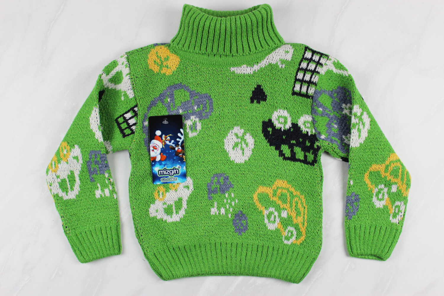 Теплий вязаний новорічний дитячий светр з вишивкою машинка, зелений, Туреччина (92-110 см: 2-5 роки)