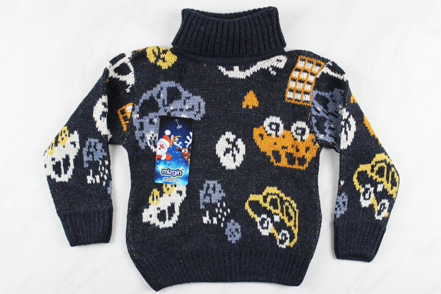 Теплый вязаный детский свитер с вышивкой машинка, синий, Турция (92-110 см: 2-5 года)