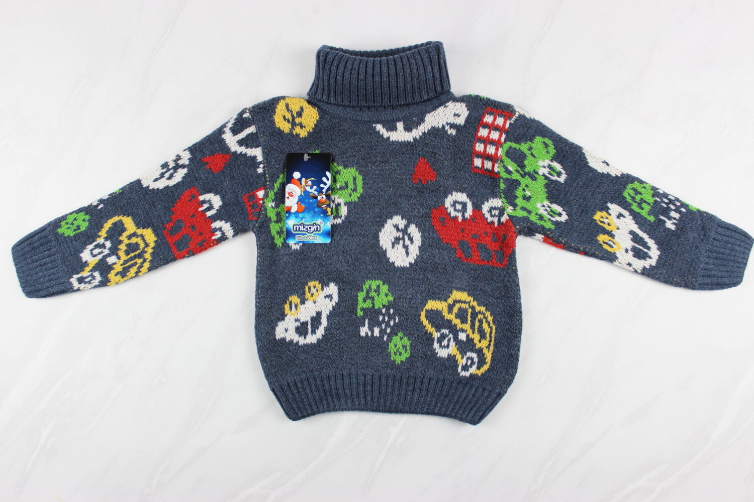 Теплый вязаный детский свитер с вышивкой машинка, синий, Турция (92-110 см: 2-5 года)