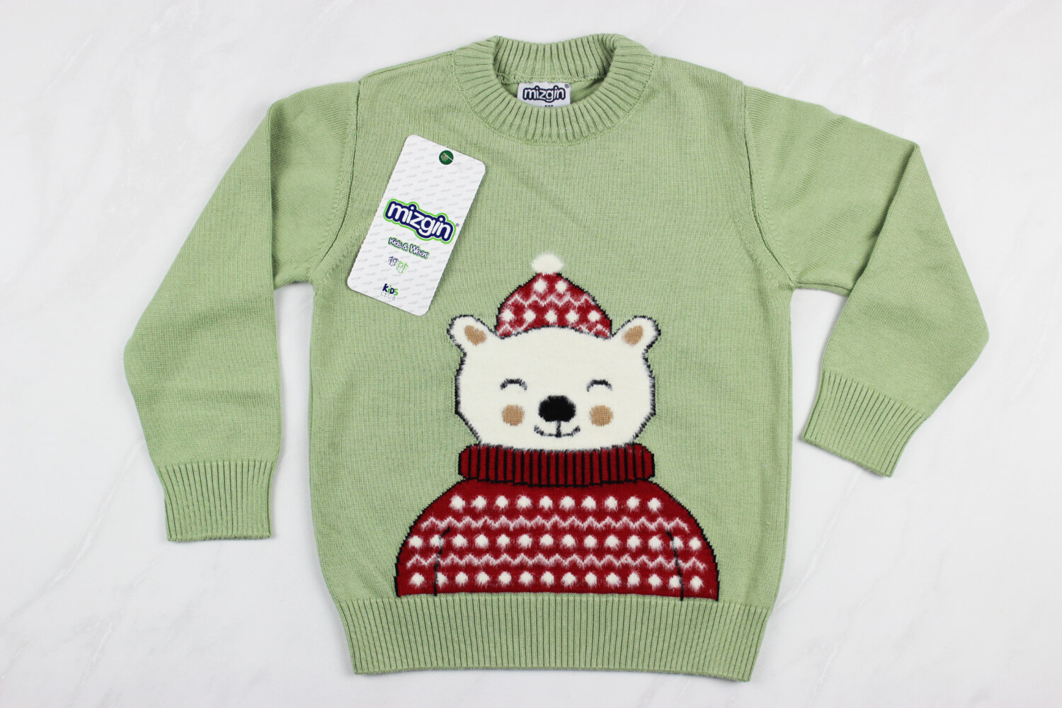 Вязаный детский свитер с вышивкой медведь, светло-зеленый, Турция (92-110 см: 2-5 лет)