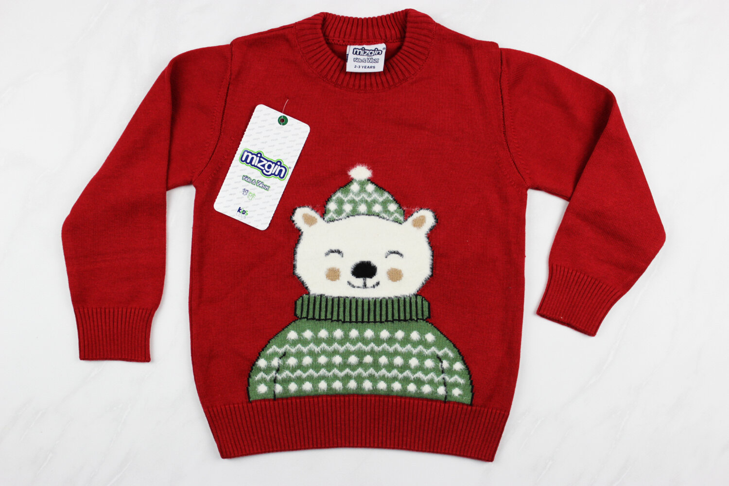 Вязаный детский свитер с вышивкой медведь, красный, Турция (92-110 см: 2-5 лет)